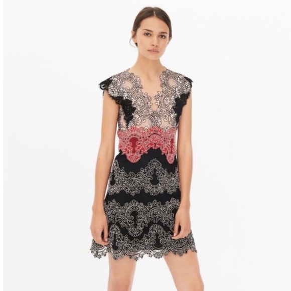 Sandro Paris Dresses & Skirts - Sandro Paris Lace Overlay V Neck Dress Red Black Women's Size Small